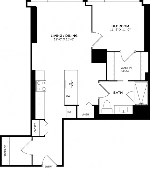 Floor plan for 1 bed, 1 bath, 820 sqft